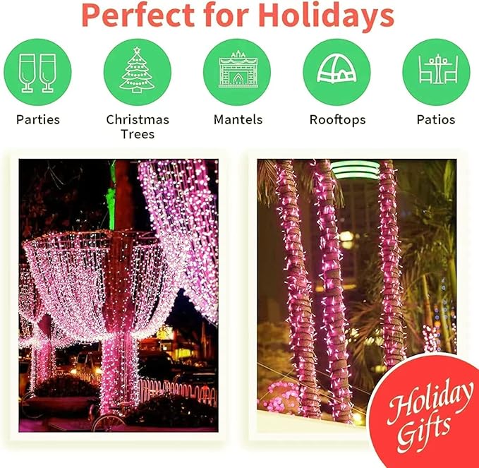LAMPHOME Super-Bright Extendable Pink Christmas Lights Decoration 300Lights 63.8ft(2pk of 150L) UL Certified Mini Bulb String Lights Set for Outdoor Christmas Tree Garden Holiday Party Patio Decor