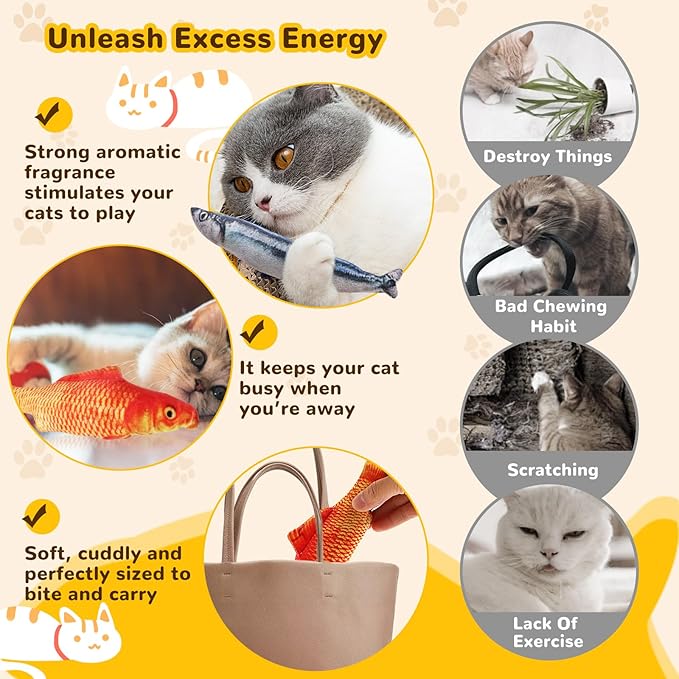Catnip Toys 5 Pack - Simulation Fish Shape Realistic Fluffy Catnip Doll Interactive Pets Pillow Chew Bite Supplies for Cat Kitten Kitty-Mewly Pet