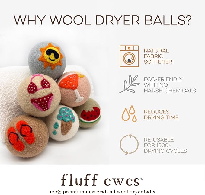 Fluff Ewes Wool Dryer Balls 6 Pack Premium New Zealand Wool Laundry Balls for Dryer, No Static Dryer Balls Laundry Reusable, XL Wool Dryer Balls Cute, Baby Dryer Balls for Dryers - Fun in The Sun-Mewly Pet