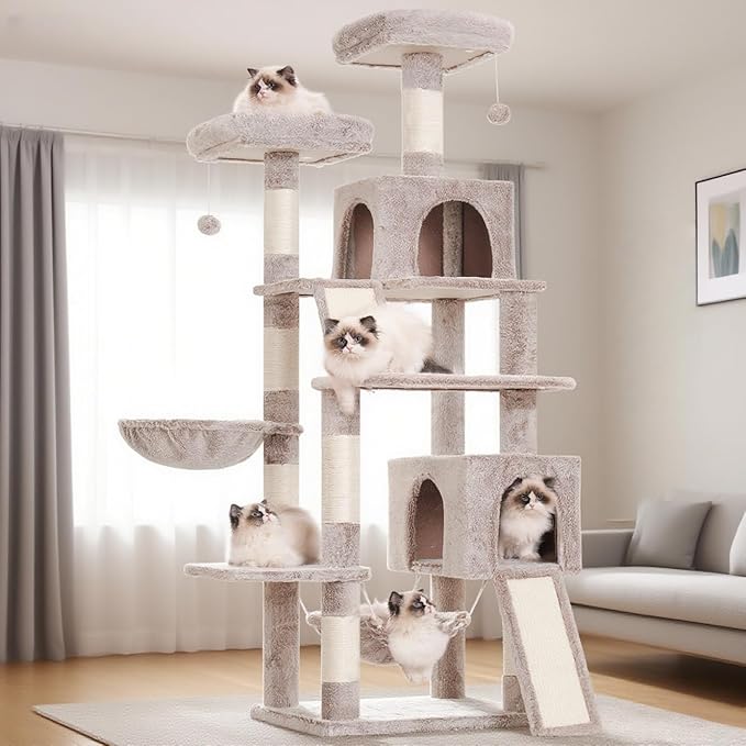 Cat Tree for Indoor Cats, 71'' (180cm) Multi-Level Cat Tower for Large Adult, Sturdy Cat Tree House with 2 Scratching Boards 7 Posts, 2 Plush Perches/Condos, Hammock, Muchroom GCT032MU-Mewly Pet