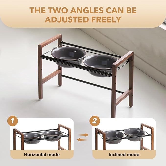 8.7inch Ceramic Adjustable Raised Double Bowls Set with Stand, 3 Heights Elevated, 2 Placement Options,Food and Water Dishes for Large Dog(Double Bowls+Stand, Reactived Glaze -Grey)-Mewly Pet