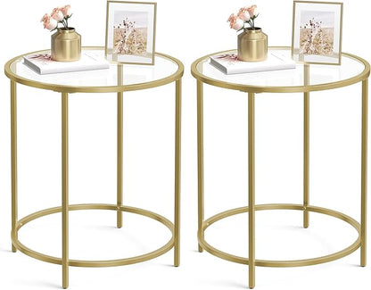 VASAGLE Round Side Tables, Set of 2, Glass End Tables with Metal Frame, Gold Coffee Tables with Modern Style, for Living Room, Balcony, Bedroom, Gold Color