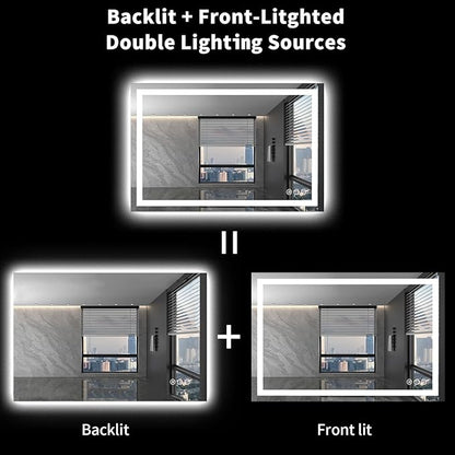 LOAAO 48X32 LED Bathroom Mirror with Lights, Anti-Fog, Dimmable, Backlit + Front Lit, Lighted Bathroom Vanity Mirror for Wall, Memory Function, Tempered Glass (Safe to Use)