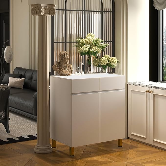 Large/Tall Litter Box Enclosure, Modern Wooden Litter Box Furniture for XL Litterbox with Drawer as Sideboard Cabinet (White)-Mewly Pet