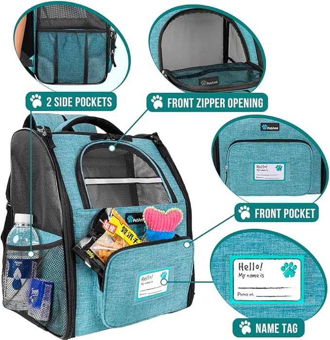 PetAmi Dog Backpack Carrier for Small Large Cat, Pet, Puppy, Ventilated Pet Hiking Backpack Travel Bag, Airline Approved Cat Backpack Carrier, Camping Biking Dog Bag Up to 18lbs Pet, Teal Turquoise-Mewly Pet