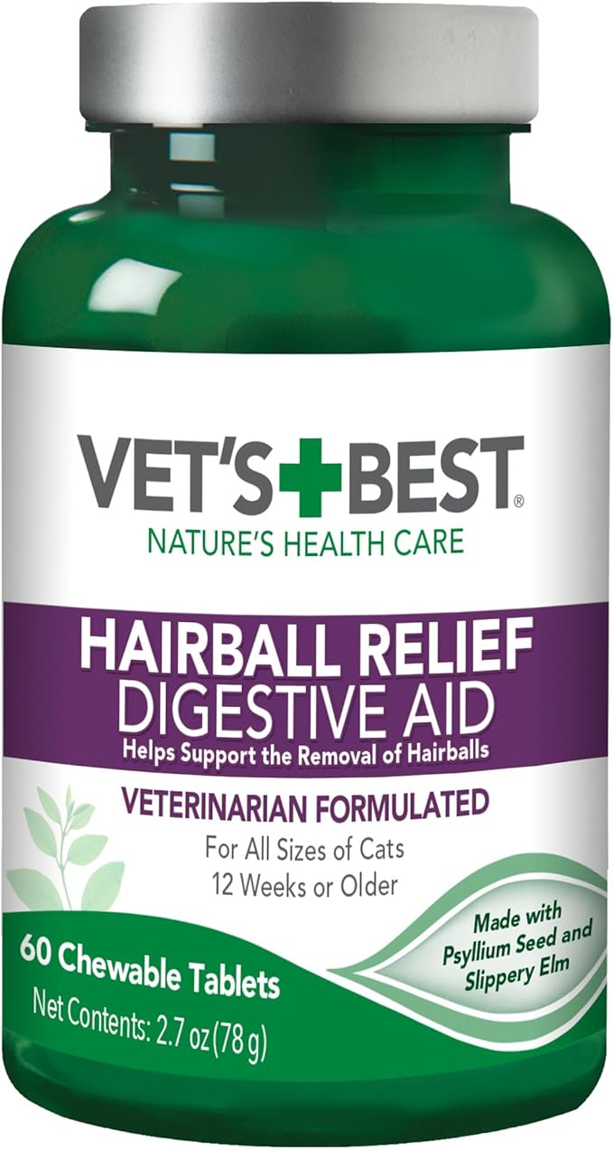 Vet’s Best Cat Hairball Relief Digestive Aid, Vet Formulated Hairball Support Remedy, Hairball Relief for Cats, Classic Chicken Flavor, 60 Chewable Tablets-Mewly Pet