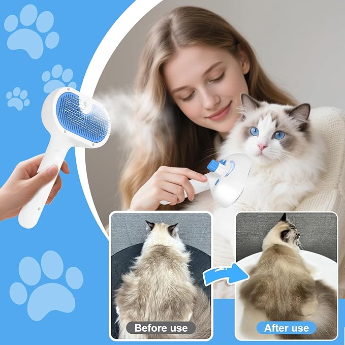 Pet Steam Brush for Dog & Cat - 3-in-1 Steam Grooming Brush for Shedding & Hair Removal - Self Cleaning Spray Comb with Mist for Long Haired Pets - Includes 1*Waterless Shampoo, Blue-Mewly Pet