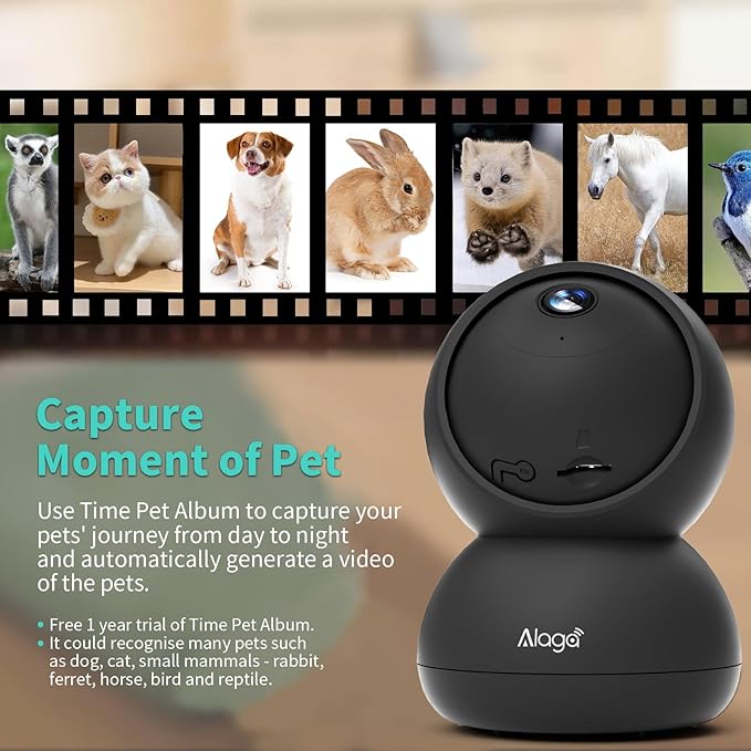 Alaga 3K Pet Camera, Dog Monitor with Phone App, 360° Pan/Tilt, Night Vision, Speaker, WiFi Cameras for Dog/Cat, Compatible with Alexa & Google Assistant, Black, Includes 1-Year Pet Time Album-Mewly Pet