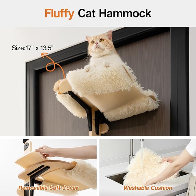 MEWOOFUN Cat Climbing Shelves Tree, 4-Levels Over Door Cat Climber for Jumping, Stable Cat Stairs Hammock for Kittens & Adult Cats (Wooden-65 H x 26.8” L x 13.8” W)-Mewly Pet