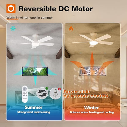 addlon Ceiling Fans with Lights, 42 Inch Low Profile Ceiling Fan with Light And Remote Control, Flush Mount, Reversible, 3CCT, Dimmable, Quiet, White Small Ceiling Fan for Bedroom Indoor/Outdoor Use