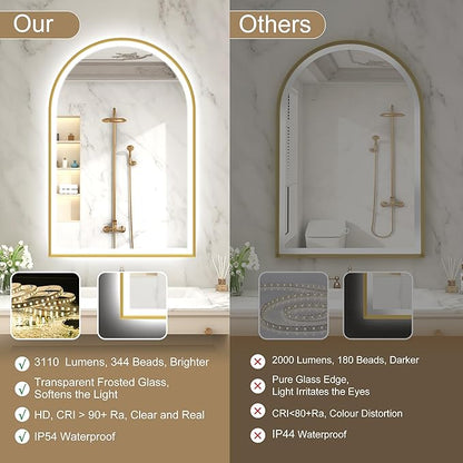 S'bagno 24x36 Arched Gold LED Mirror for Bathroom with Frontlit & Backlit, LED Bathroom Mirror with Metal Frame, Anti-Fog, Stepless Dimmable, 3 Color Temperature Vanity Mirror