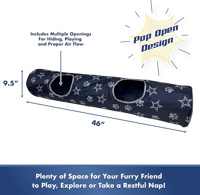 NFL Dallas Cowboys Cat Tunnel Tube Toy with Plush Football Catnip and Feathers Collapsible Tunnel for Cats to Play, Peek and Hide, Sporty & Fun Cat Tunnel Toy with Team Logo All-Over Design!-Mewly Pet