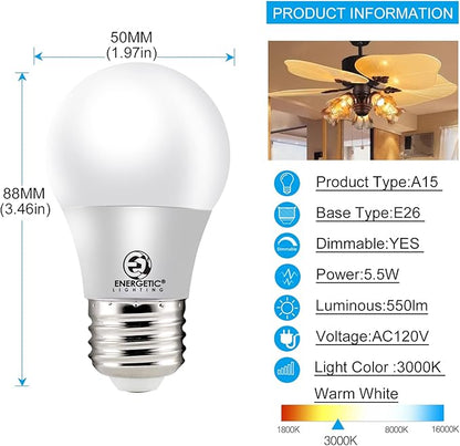 ENERGETIC SMARTER LIGHTING LED Refrigerator Bulb 40 Watt Equivalent, 3000K Warm White, Dimmable A15 Ceiling Fan Light Bulbs, E26 Base, UL Listed, 6 Pack