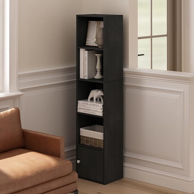 Furinno LUDER Book Shelf, 5-Tier Modern Bookshelf, Bookcase with 1 Door Storage Cabinet, 9.3" x 12" x 52", for Living Room, Bedroom, Home Office, Blackwood