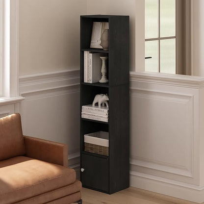 Furinno LUDER Book Shelf, 5-Tier Modern Bookshelf, Bookcase with 1 Door Storage Cabinet, 9.3" x 12" x 52", for Living Room, Bedroom, Home Office, Blackwood