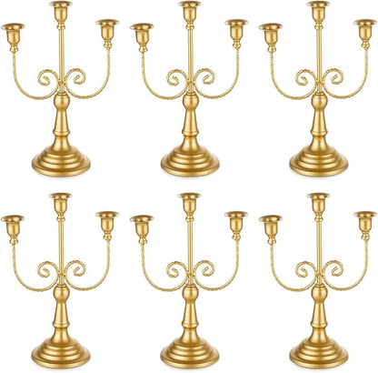 Romadedi Candelabra Gold Candle Holders - 3 Arm 11.8" Wedding Candlestick Holder for Theme Party Table Centerpiece Decor Dining Room Birthday Holiday Christmas, Set of 6