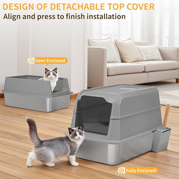 Stainless Steel Litter Box with Lid, XL Extra Large Cat Litter Box, Enclosed Metal Litter Pan with High Sided Enclosure & Scoop, Anti Leakage, Easy to Clean, Odor Control(Grey)-Mewly Pet