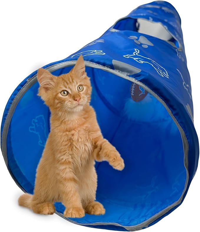 NFL Detroit Lions Cat Tunnel Tube Toy with Plush Football Catnip and Feathers Collapsible Tunnel for Cats to Play, Peek and Hide, Sporty & Fun Cat Tunnel Toy with Team Logo All-Over Design!-Mewly Pet