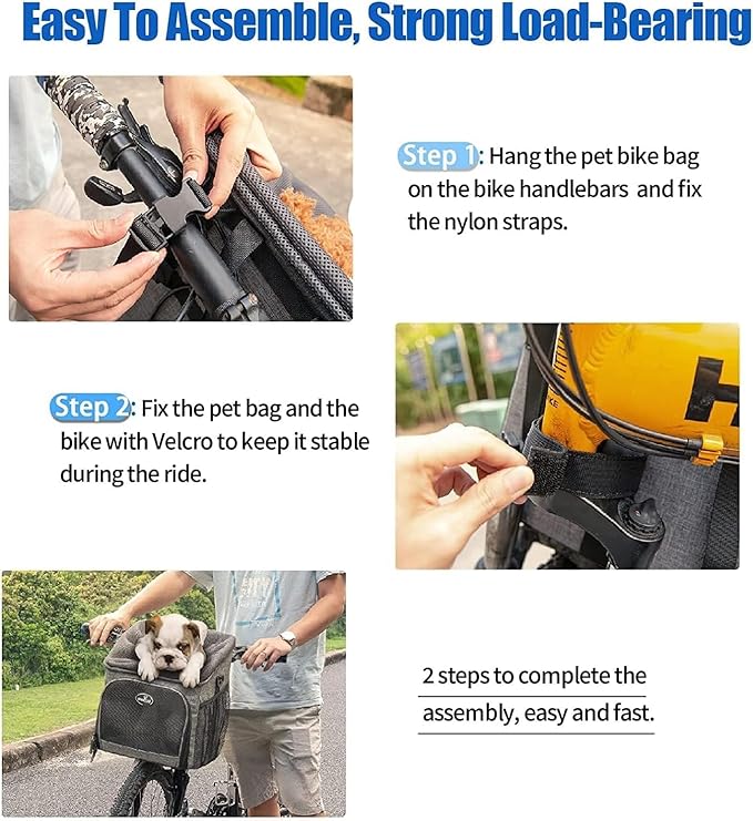 Dog Bike Basket Carrier, Pet Bicycle Front Carrier Backpack for Bike Riding Foldable Removable, Reflective Strips, 2 Side Storage Pockets, Pet Travel Bag for Cats Small Dogs-Mewly Pet