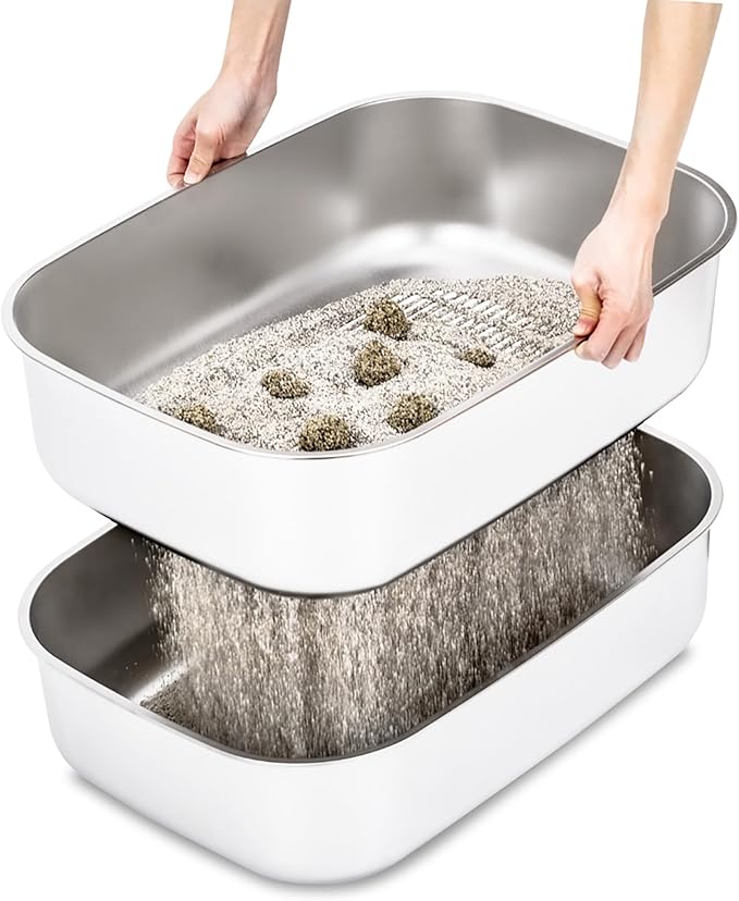 Stainless Steel Sifting Litter Box with Lid, Metal Litter Pan with Scoop for Big Cats Multi Cat, Extra Large Cats Litterbox Odor Control, Easy Clean (23*16.5*16.5inch-with Enclosure, X-Large)-Mewly Pet