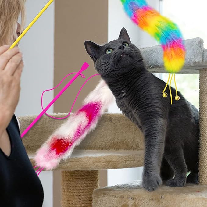 2 Pack Cat Wand Toy, Rainbow Cat Feather Toys with Bells, Teaser Wand with Soft Furry Tail, Interactive Toys for Indoor Cats & Kitten & Kitty-Mewly Pet