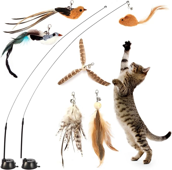 Interactive Bird Simulation Cat Toy Set,Cat Wand Toys,Wand Self-Holding Suction Cups Base,Include Detachable 6 Pcs Replacements Feathers Toys-Mewly Pet
