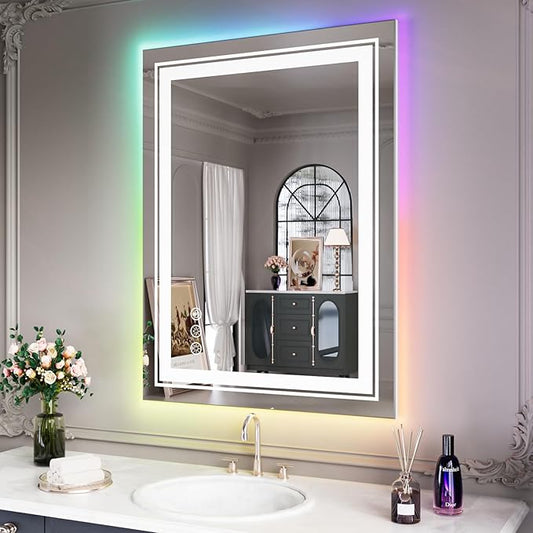 LED Mirror for Bathroom, 20"X28" with 8 RGB Backlit +3 Front Lit (Adjustable Individually), Anti-Fog, Lighted Bathroom Vanity Mirror for Wall, Shatterproof, Memory Function, Tempered Glass