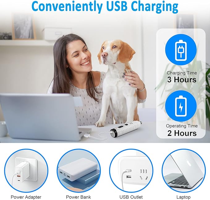 Casfuy Dog Nail Grinder with 2 LED Light for Large Medium Small Dogs - 3X More Powerful 2-Speed Electric Pet Nail Trimmer Rechargeable Quiet Painless Paws Grooming & Smoothing Tool (White)-Mewly Pet