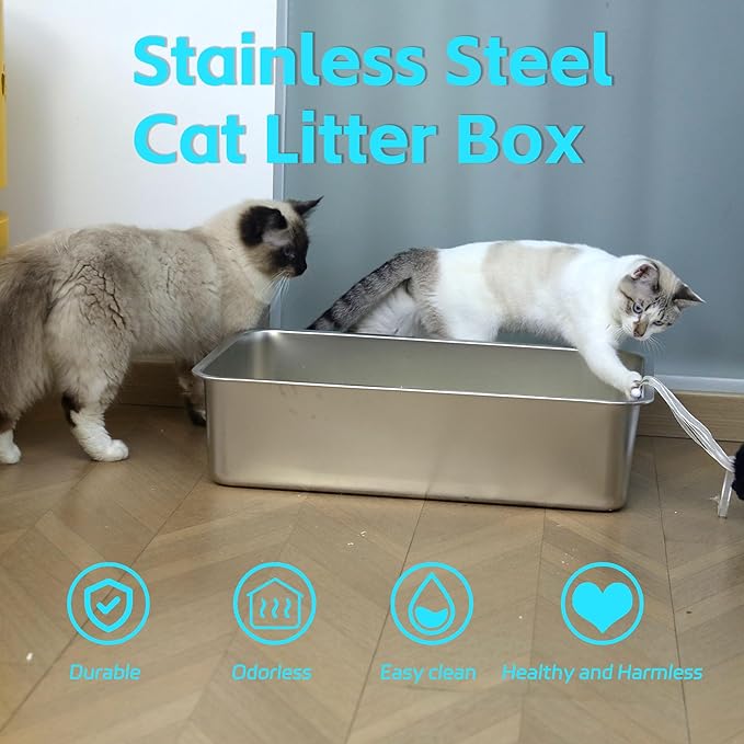 Stainless Steel Litter Box 2 Pack,Metal Litter Box for Cats Easy to Clean,Cat LitterBox for Kitty/Kitten Rabbit Litter Pan,Non Stick, No Smell-Mewly Pet