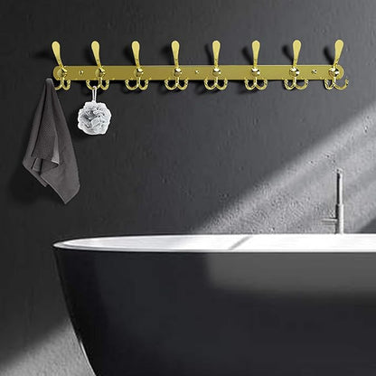 Dseap Coat Rack Wall Mount - 29.5” Long 8-Tri-Hooks Heavy Duty Coat Hanger Rail Wall Hooks for Hanging Coats Hats Clothing Clothes Purse Mudroom Entryway, Gold