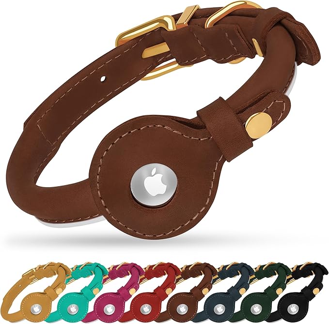 OOPSDOGGY Rolled Leather Dog Collar with Airtag Holder - Reflective Round Airtag Dog Collar - Soft Tracking Pet Collar for Small Dogs Puppy Cats Kitten (Brown, XS, 8"-11")-Mewly Pet