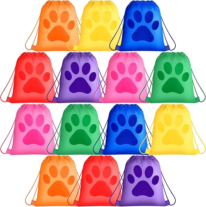 Yerliker 14 Pieces Paw Print Drawstring Bags Cute Paw Print Bags Bulk Reusable Dog Themed Party Favor Backpack Set Puppy Themed Drawstring Goodie Backpack with String for Birthday Gift Supplies-Mewly Pet