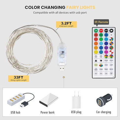Fairy Lights USB Plug in 33ft 100LEDs with Remote, Warm White 20 Color Changing Light Twinkle Firefly String Lights for Bedroom Party Wedding Christmas Tapestry, Multicolor Colors