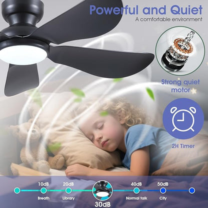 46 Inch Modern Ceiling Fans with Lights, Flush Mount Ceiling Fan with Light and Remote/APP Control, 5 Reversible 6 Speeds Curved Blades, 3 CCT Dimmable Lights for Bedroom, Black