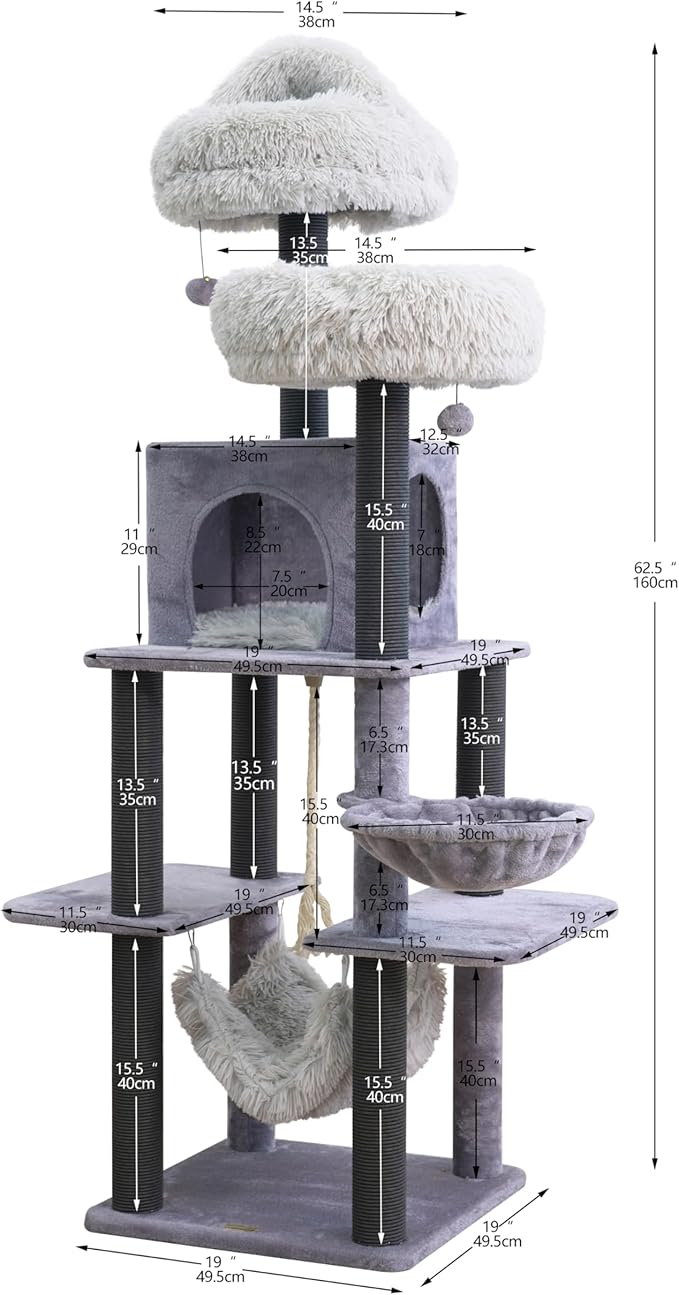Catry Bradbury 7-Level 62.5” Modern Cat Tree with Replaceable Scratching Posts,Big Condo,Two Washable Beds, Two Hammocks,Quick Assembly, for Multi-Cat Homes(Cloud Gray)-Mewly Pet
