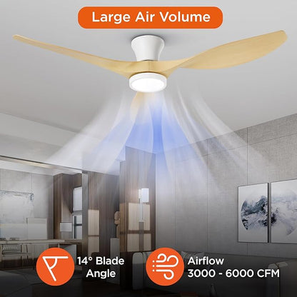 TALOYA 52 inch Ceiling Fans with Lights and Remote, Flush Mount Low Profile Ceiling Fan with Reversible DC Motor ABS Blades for Bedroom Living Room Kitchen Light Oak Finish