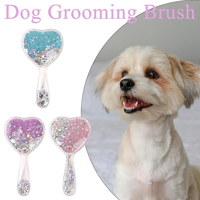 Small Dog Brush, Soft Brush for Shih Tzus, Yorkies, Maltipoos, Maltese, Love Shape Puppy Massaging Hair Comb for Small Dogs Cats Rabbits of All Hair Types (Glitter Pink)-Mewly Pet