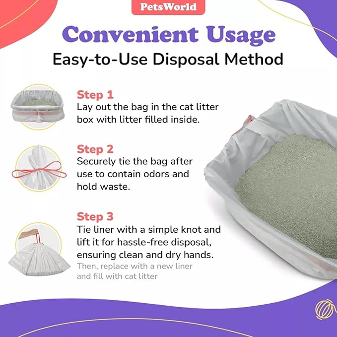 PETSWORLD Cat Litter Box Liners, Heavy Duty Litter Pan Liners Bags with Drawstring for Pet Cat Litter Tray (Unscented) (Extra Large - 36 x 18 Inches, 60 Count)-Mewly Pet