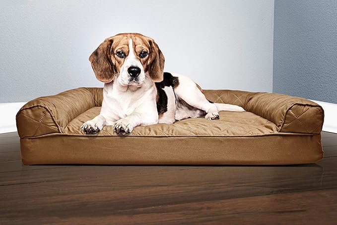 Furhaven Orthopedic Dog Bed for Medium/Small Dogs w/ Removable Bolsters & Washable Cover, For Dogs Up to 35 lbs - Quilted Sofa - Toasted Brown, Medium-Mewly Pet