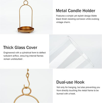 Glass Hurricane Candle Holder Decorative Gold Candle Lantern, Pillar Candlestick Holders Set of 2, Hanging Metal Holder Modern Table Centerpieces, Antique Brass
