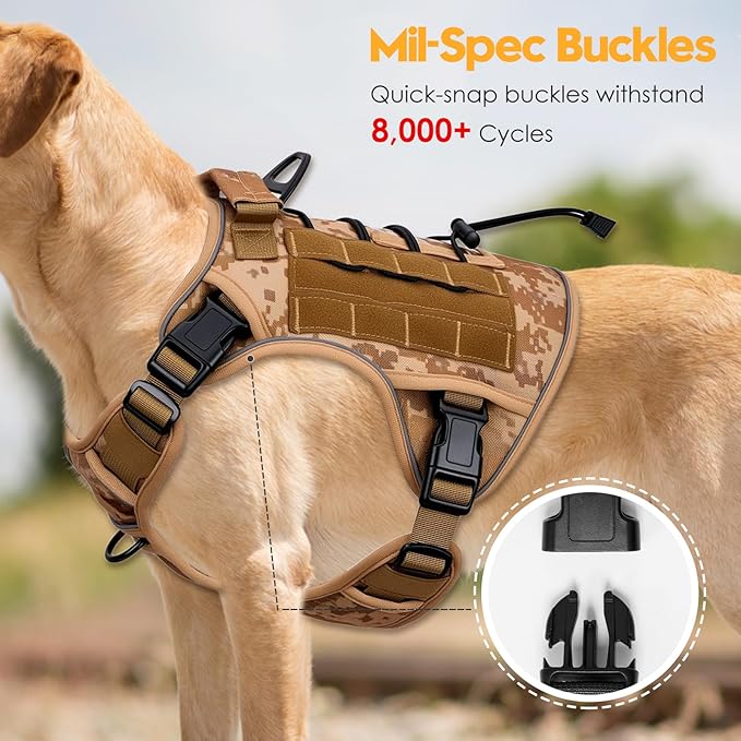 Heavy-Duty Tactical Dog Harness for Large Dogs, No Pull Adjustable Reflective Pet Vest with Molle System, K9 Military-Grade Control for Service Training, Outdoor & 10+ Breeds, Khaki Camo, Large-Mewly Pet
