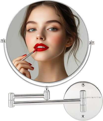 OVENTE 9" Wall Mounted Makeup Mirror with 1X/10X Magnification, Double Sided Magnifying Round Bathroom Vanity Mirror, 360° Swivel Design, Extendable and Folding Arm, Polished Chrome MNLFW90CH1X10X