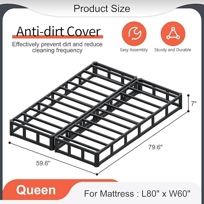 7 Inch Queen Box Spring, Split Design for Easy Setup in Apartments, Heavy Duty Steel Frame, Non-Slip Mattress Base Fabric Cover, Noise Free