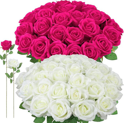 72 Pcs Hot Pink, White Artificial Roses, Bulk Fake Silk Flowers for Wedding Arch, Centerpieces, Vase Filler, Party Decor (36 Pink + 36 White)