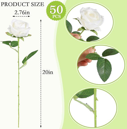 Hananona Artificial Roses in Bulk, Fake Velvet Silk Roses Realistic Rose for Wedding Centerpieces Flower Arrangement Home Decor (50, White)