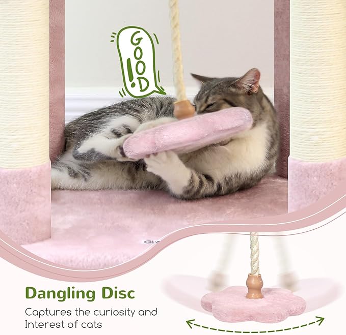 Globlazer Pink Cat Tree, 70 inch Tall Scratching Tower Multi-Level Cat Condo for Indoor Multiple Cats with 2 Large Cat Caves, Top Perch, Large Platform, Bottom Swing, F70B, Pink-Mewly Pet