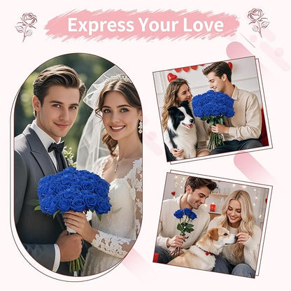 52 PCS Blue Artificial Roses Bulk, Fake Artificial Flowers Bridal Bouquet Silk Faux Rose with Stems for Wedding Flowers Decoration, Valentine's Day, Bridal Bouquet, Anniversary, Home Decor (52PCS)