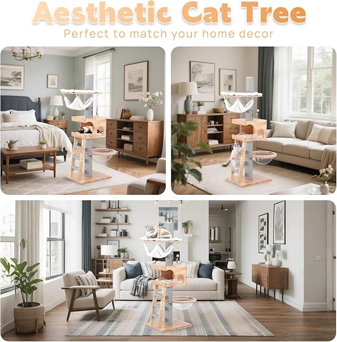 63-inch Modern Cat Tree, Luxury Cat Tower with Scratching Post, Unique Cat Condo with Hammock, Heavy Duty Kitty Climbing Tree for Indoor Cat, Wooden Kitty House for Small Medium Large Cats-Mewly Pet