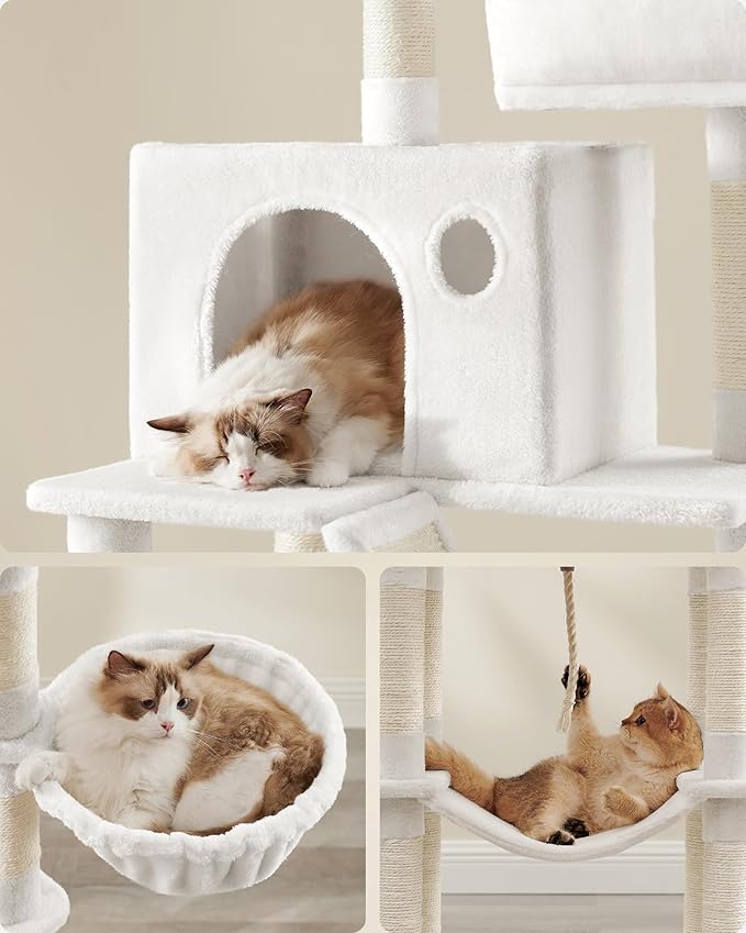 Feandrea Cat Tree, 81.1-Inch Large Cat Tower with 13 Scratching Posts, 2 Perches, 2 Caves, Basket, Hammock, Pompoms, Multi-Level Plush Cat Condo for Indoor Cats, Cream White UPCT190T01-Mewly Pet