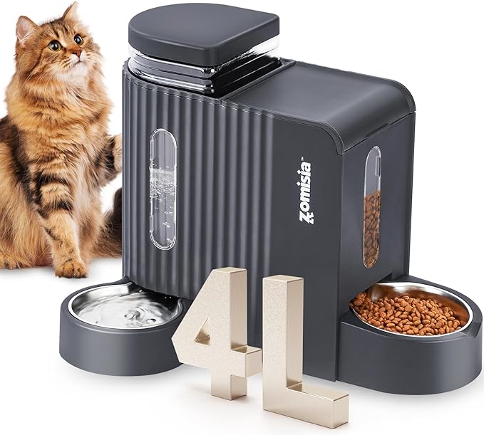 Gravity Cat Feeder and Water Dispenser with 304 Stainless Steel Bowls, 2 in 1 Automatic Cat Feeder with 180 Degree Rotatable Water Bowl, Large Capacity for Puppy Kitten Rabbits, Grey-Mewly Pet